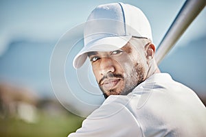 Baseball batter, portrait or face of man on field at competition, training match on stadium pitch. Softball exercise