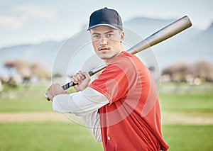 Baseball batter, portrait or sports man on field at competition, training match on a stadium pitch. Softball exercise