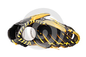 Baseball black and yellow gloves with ball isolated on white background.