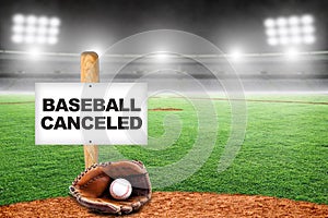 Baseball Canceled Sign on Bat with Glove and Ball in Empty Stadium photo