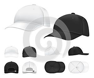 Baseball cap. Black and white blank sports uniform headwear in side, front and back view template. Isolated vector hat mockups