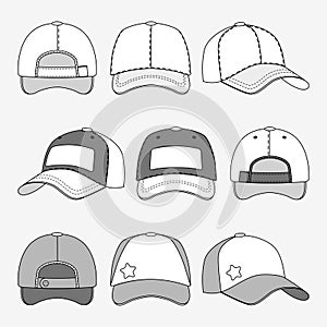 Baseball cap front back and side view outline vector template