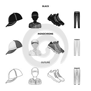 Baseball cap, player and other accessories. Baseball set collection icons in black,monochrome,outline style vector