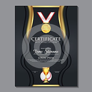 Baseball Certificate Design With Gold Cup Set Vector. baseball. Sports Award Template