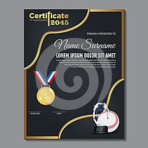 Baseball Certificate Design With Gold Cup Set Vector. baseball. Sports Award Template