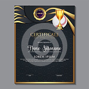 Baseball Certificate Design With Gold Cup Set Vector. baseball. Sports Award Template