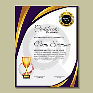 Baseball Certificate Design With Gold Cup Set Vector. baseball. Sports Award Template. Achievement Design. Graduation
