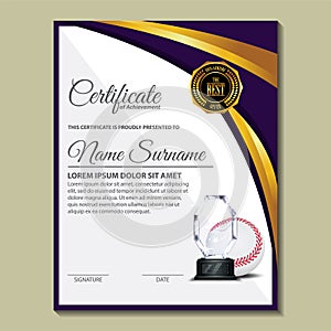 Baseball Certificate Design With Gold Cup Set Vector. baseball. Sports Award Template. Achievement Design. Graduation