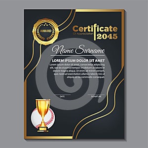 Baseball Certificate Design With Gold Cup Set Vector. baseball. Sports Award Template. Achievement Design. Graduation
