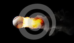 baseball close-up flying fast with fire and smoke. 3D illustration