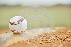 Baseball closeup, field and sports training outdoors for fitness, sport health and competition game. Athletic exercise