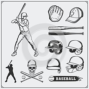 Baseball club emblems, labels and design elements. Baseball player, balls, helmets and bats. Baseball player, helmet, glove.