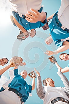 Baseball coach, winner women team in a motivation, support and strategy meeting for the game at a stadium. Sports group