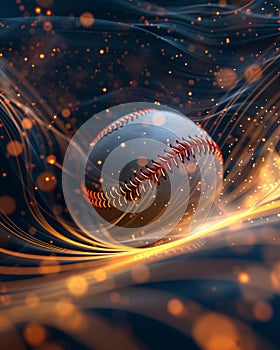 Baseball creating dimensional waves, luminous trails, ground shot, evening magic, vivid clarity , high-resolution