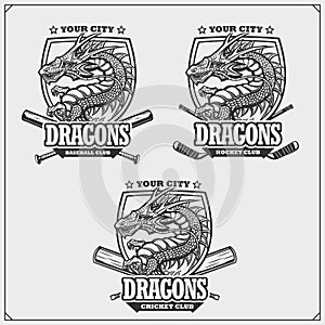 Baseball, cricket and hockey logos and labels. Sport club emblems with dragon. Print design for t-shirt.