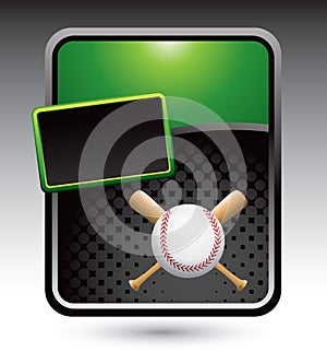 Baseball and crossed bats on green stylized ad
