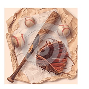 Baseball equipment on crumpled paper cut out image