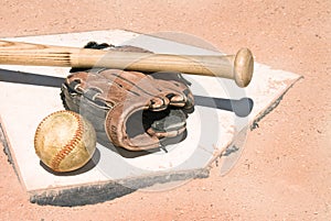 Baseball equipment on home plate