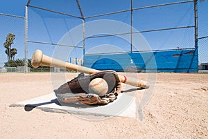 Baseball equipment on home plate