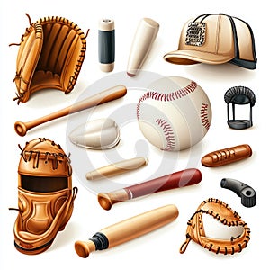 Baseball Equipment Illustration, Bats, Gloves, Ball, and Cap