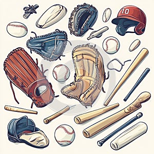 Baseball Equipment Illustration, Bats, Gloves, Balls, and Helmet