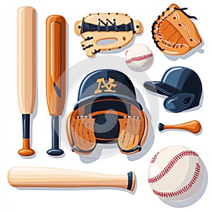 Baseball Equipment Illustration, Bats, Gloves, Balls, and Helmets