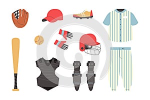 Baseball equipment set, flat vector illustration isolated on white background.