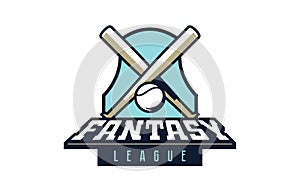 Baseball fantasy league logo, emblem. Colorful emblem of fantasy league, ball and bats on shields background. Baseball