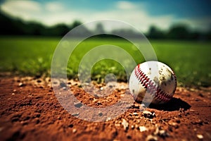 Baseball on the field with bokeh background, soft focus, Baseball on the Infield Chalk Line, AI Generated