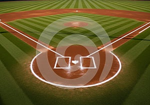 A baseball field featuring the pitcher's