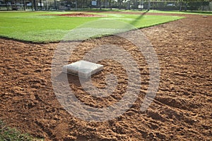 Baseball field infield with first base in the foreground