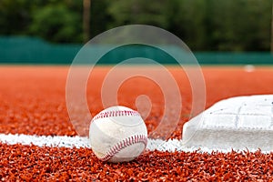 Baseball on field next to base for sports background.