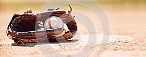 Baseball field, softball and ball, glove and base plate on pitch ground, field and turf outdoors for competition, game photo