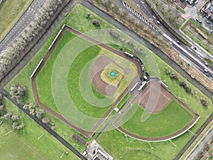Baseball field, sport accomodation. Aerial top down overview. Outline of the amateur sports field.