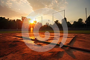 a baseball field with the sun setting in the background, bat and ball on the ground