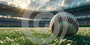 Baseball on field with sun setting over stadium. close-up of a ball on grass. sports theme, match day energy. AI