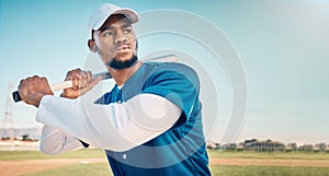 Baseball focus, athlete and fitness of a professional player from Dominican Republic outdoor. Sport field, bat and