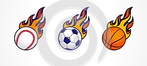 Baseball, football and basketball icons in fire