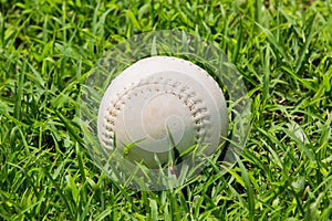 Baseball on the fresh green grass .