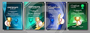 Baseball Game Certificate Diploma With Golden Cup Set Vector. Sport Award Template. Achievement. Honor Background. A4