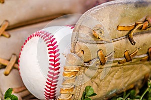 Baseball game mitt and ball