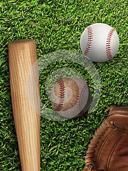 Baseball, glove, ball and bat on field