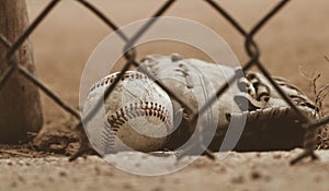 Baseball glove and ball behind fence, old vintage style