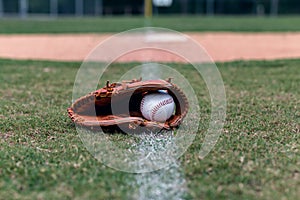 Baseball glove and ball on foul line