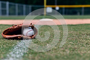 Baseball glove on foul line background photo