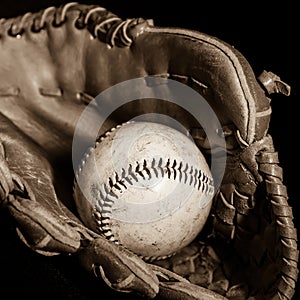 Baseball Glove and Ball in Sepia