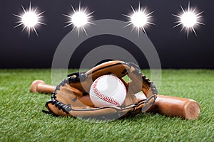 Baseball Glove With Baseball And Bat