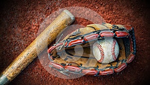 Baseball Glove with Bat and Ball on a Baseball Field - Generative Ai
