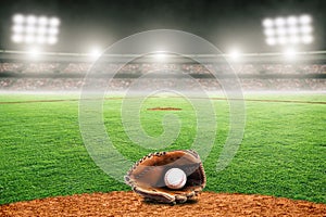 Baseball Glove on Field in Outdoor Stadium With Copy Space