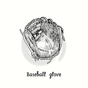 Baseball glove. Ink black and white doodle drawing